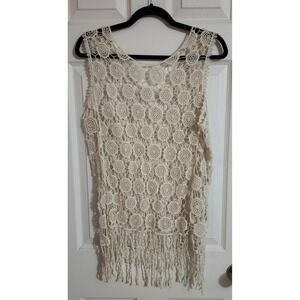 Boho Crochet Medallion Fringe Sleeveless Top Cream Festival Layering Hippie